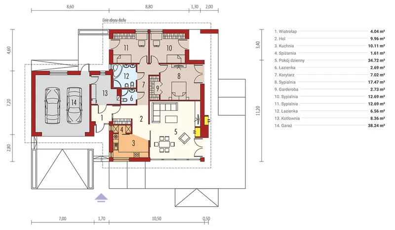 Pirmas Aukštas 1 – Vieno aukšto namo projektas 169 m², 3 Miegamieji — 50886R