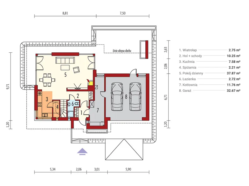 Pirmas Aukštas 1 – Dviejų aukštų namo projektas 167 m², 3 Miegamieji — 90728R