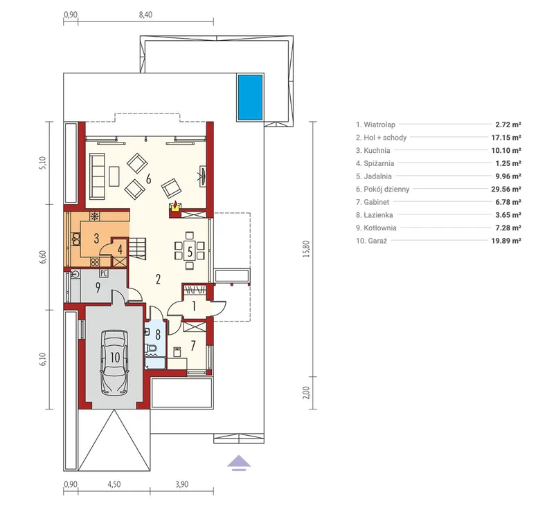 Pirmas Aukštas 1 – Dviejų aukštų namo projektas 209 m², 3 Miegamieji — 48187R