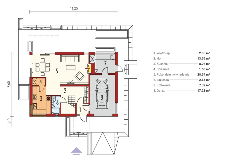 Pirmas Aukštas 1 – Namo projektas su mansarda 140 m², 4 Miegamieji — 69913R