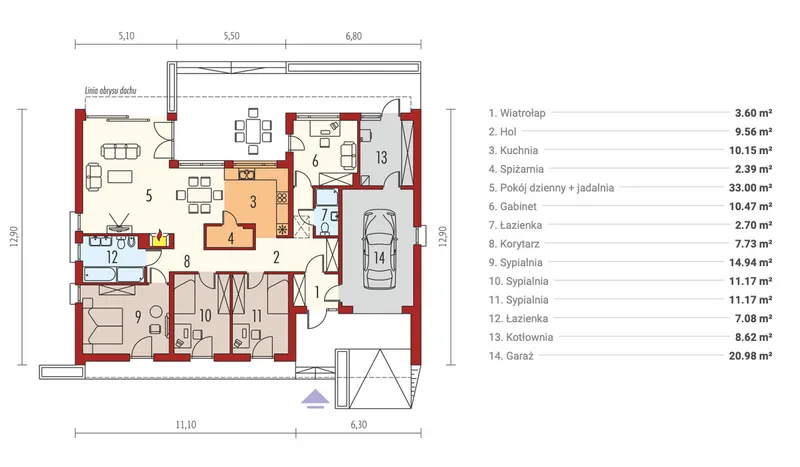 Pirmas Aukštas 1 – Vieno aukšto namo projektas 154 m², 3 Miegamieji — 65223R