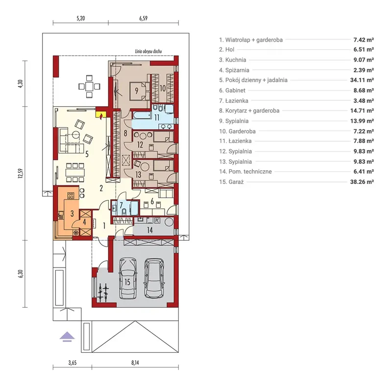 Pirmas Aukštas 1 – Vieno aukšto namo projektas 180 m², 3 Miegamieji — 73129R