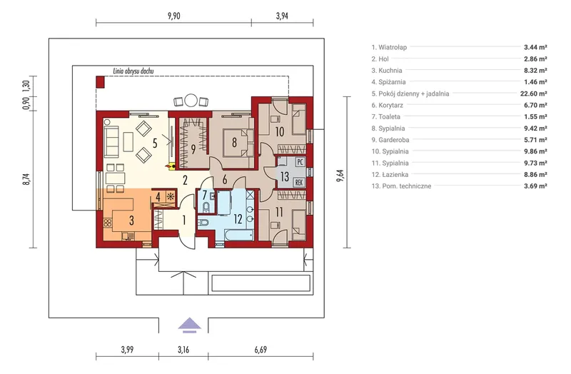 Pirmas Aukštas 1 – Vieno aukšto namo projektas 94 m², 3 Miegamieji — 23247R