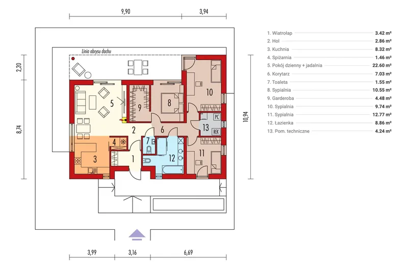 Pirmas Aukštas 1 – Vieno aukšto namo projektas 98 m², 3 Miegamieji — 43346R